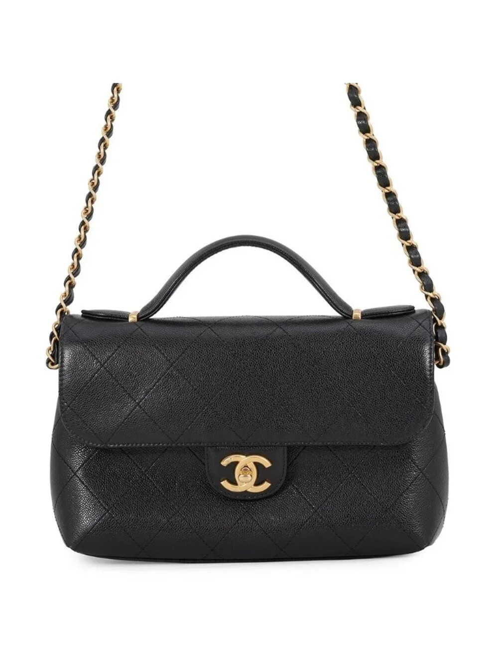 Chanel Shoulder Bag Quilted CC Logo Caviar Leather Black 2-Way